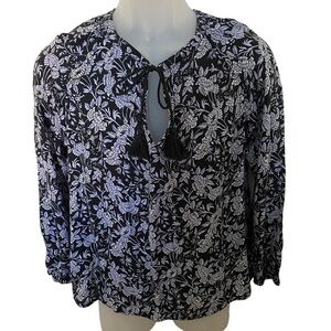 LUCKY BRAND Floral Black & White Blouse w/ Tassel Women SP Small Petite